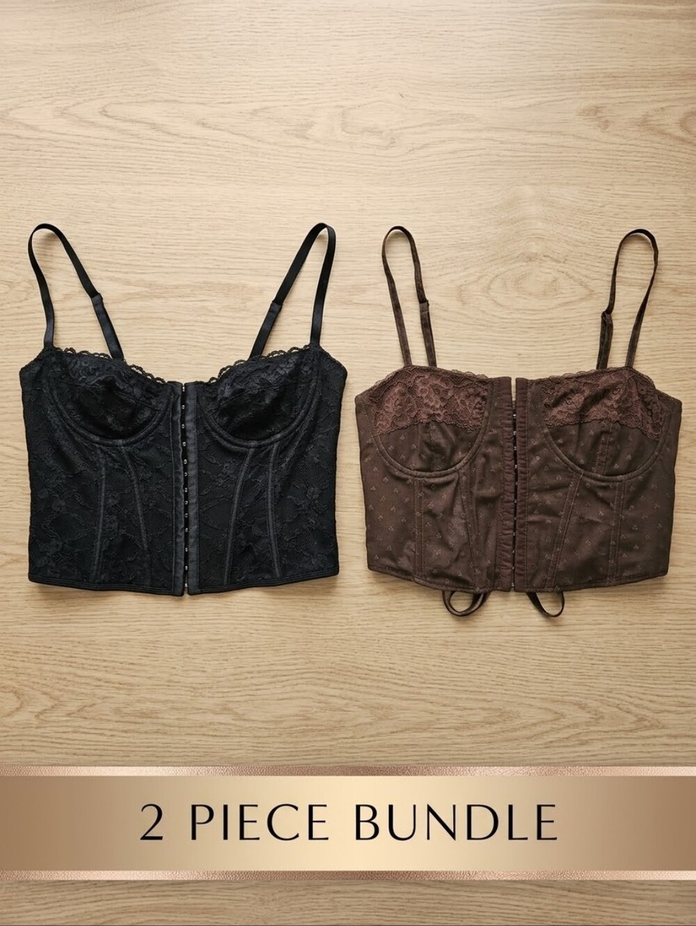 Bundle of 2 Corset Tops - Black Lace & L.A. Hearts Brown Swiss Dot (Medium)